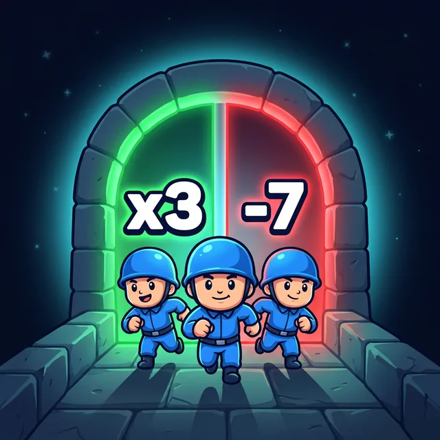 Three cartoon soldiers running towards a stone arch split in two: a glowing green half marked ×3 and a red half marked −7.
