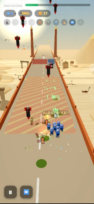 Missiles raining down on a desert bridge in front of the squad, with an AIRSTRIKE! banner.