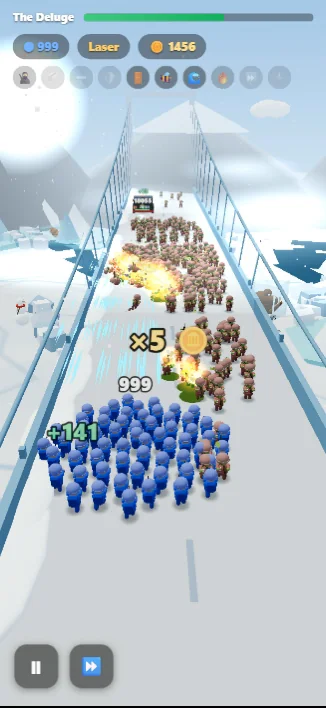 A squad of 999 soldiers with lasers advancing on an ice bridge against a brown army, a ×5 gate ahead.