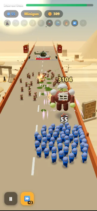 A desert boss at 3,104 health facing 55 soldiers with miniguns, the ×2 fast-forward button lit.