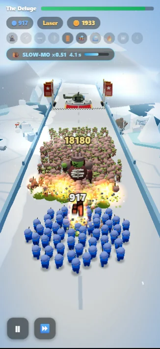 A giant boss with 18,180 health blocking an ice bridge, a SLOW-MO ×0.51 banner in the HUD.