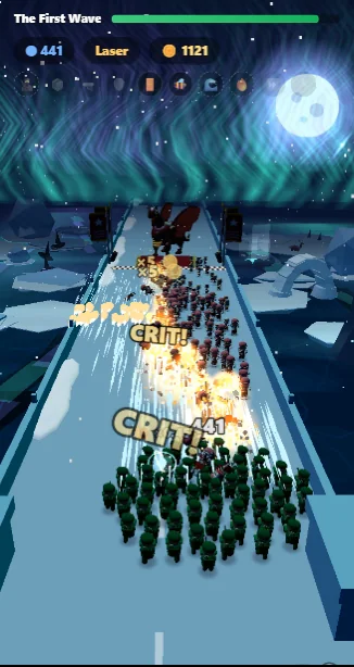Night bridge under an aurora: 441 green soldiers firing lasers, CRIT! flashes across the enemy line.