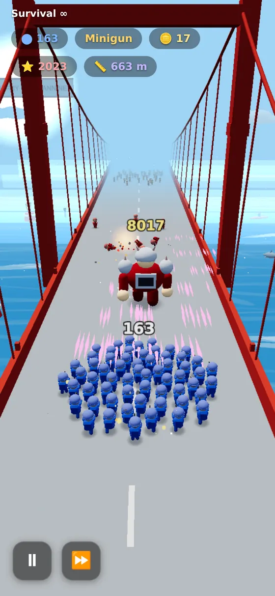Survival mode on the bridge: distance and score in the HUD, a barrel counter ahead.