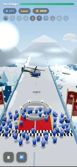 The extraction chopper lifting off the helipad while 449 soldiers wait on the red carpet.