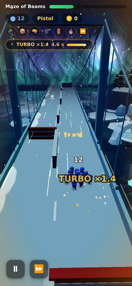 An aurora-lit bridge with a TURBO ×1.4 banner and its countdown in the HUD.