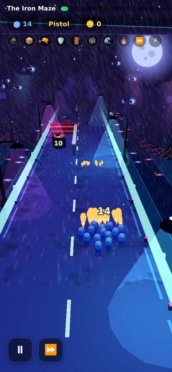 A neon night bridge in the rain, the squad firing, a barrel counter ahead.