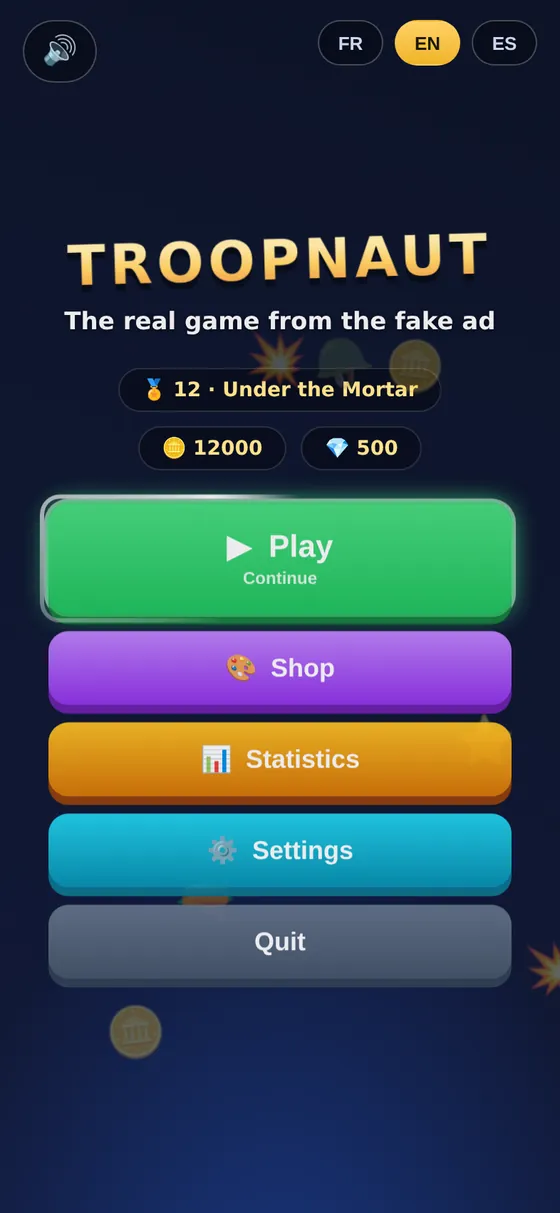 The Troopnaut home menu, with Play, Shop, Statistics and Settings.