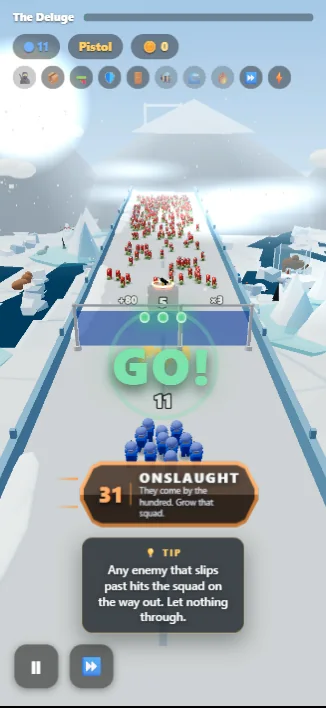 An ONSLAUGHT event card on screen — “they come by the hundred, grow that squad” — before a red army.