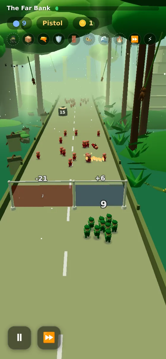 A jungle-themed bridge, green Rangers firing at an enemy horde, with −21 and +6 gates ahead.