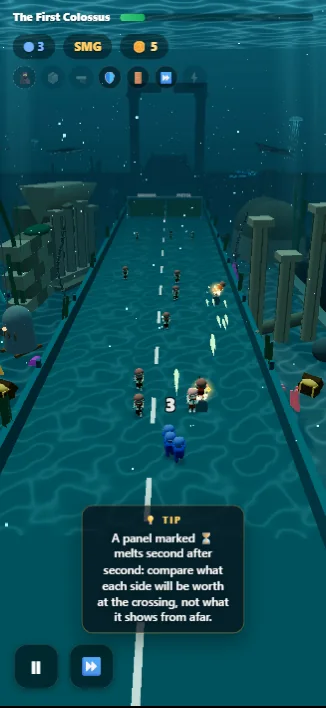 The bridge crossing a sunken city at the bottom of the sea, ruins and columns on both sides.